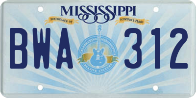 MS license plate BWA312