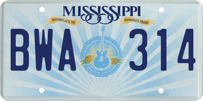 MS license plate BWA314