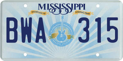 MS license plate BWA315