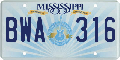 MS license plate BWA316