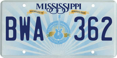 MS license plate BWA362