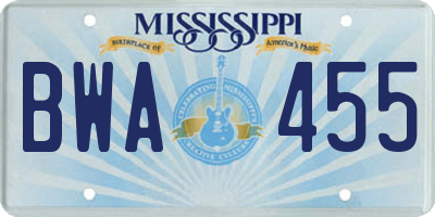 MS license plate BWA455