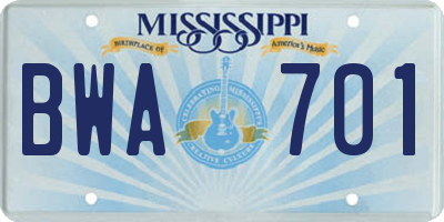 MS license plate BWA701