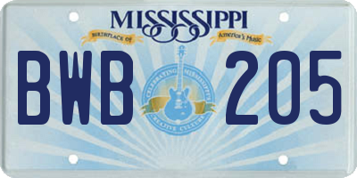 MS license plate BWB205