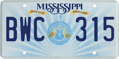 MS license plate BWC315