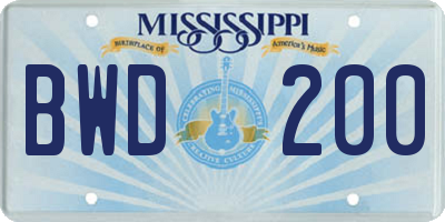 MS license plate BWD200