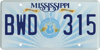 MS license plate BWD315