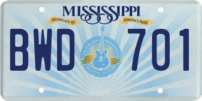 MS license plate BWD701