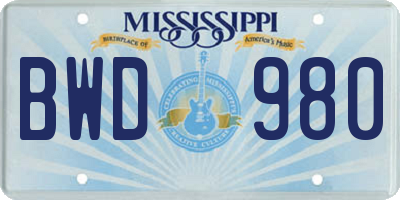 MS license plate BWD980