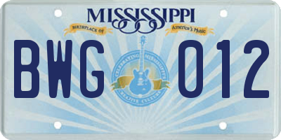MS license plate BWG012