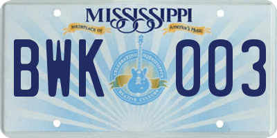 MS license plate BWK003