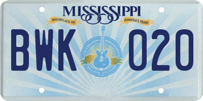 MS license plate BWK020