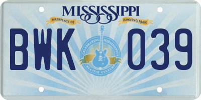 MS license plate BWK039
