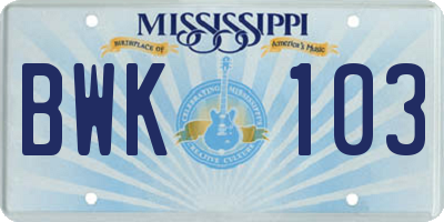 MS license plate BWK103