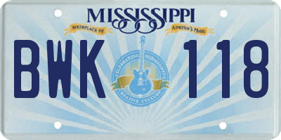 MS license plate BWK118