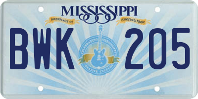 MS license plate BWK205