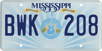 MS license plate BWK208