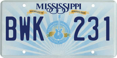 MS license plate BWK231