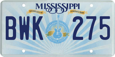 MS license plate BWK275