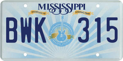 MS license plate BWK315