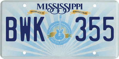 MS license plate BWK355