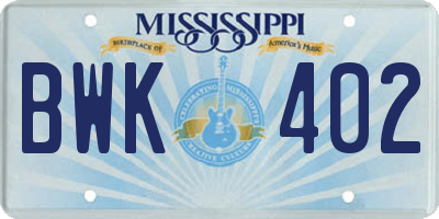 MS license plate BWK402