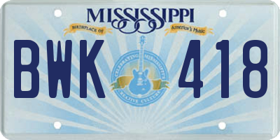 MS license plate BWK418