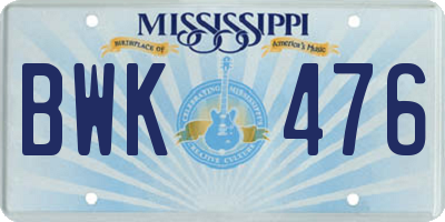 MS license plate BWK476