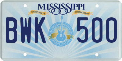 MS license plate BWK500