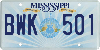 MS license plate BWK501