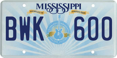 MS license plate BWK600