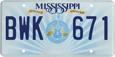 MS license plate BWK671