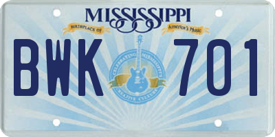 MS license plate BWK701