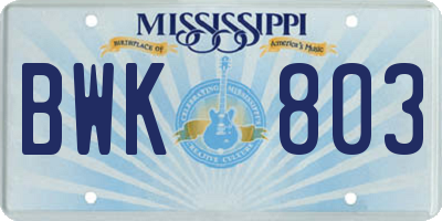 MS license plate BWK803