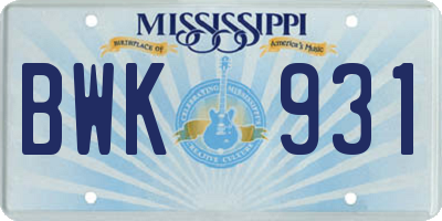 MS license plate BWK931