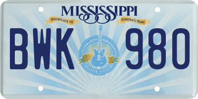 MS license plate BWK980