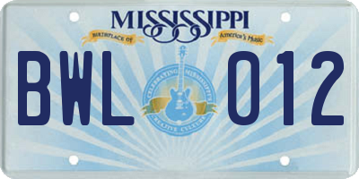 MS license plate BWL012