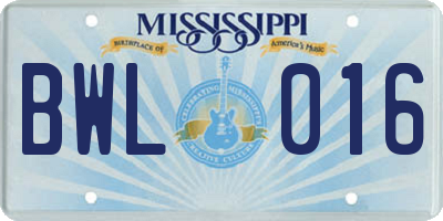 MS license plate BWL016