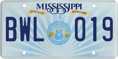 MS license plate BWL019