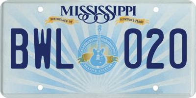 MS license plate BWL020