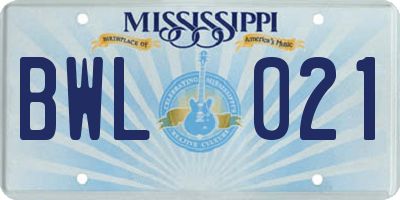 MS license plate BWL021