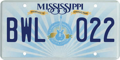 MS license plate BWL022