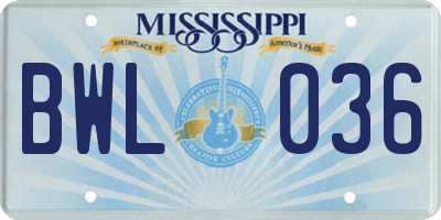 MS license plate BWL036