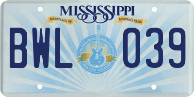 MS license plate BWL039