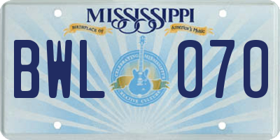 MS license plate BWL070
