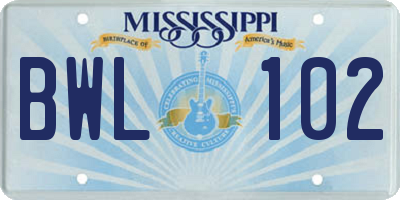 MS license plate BWL102