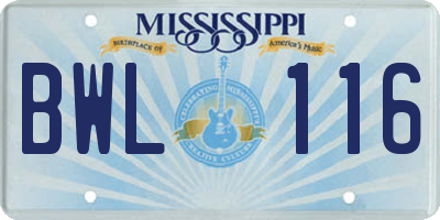 MS license plate BWL116
