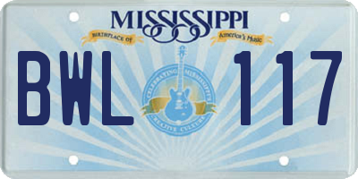 MS license plate BWL117
