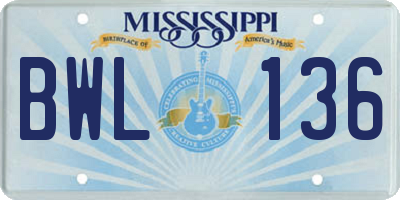 MS license plate BWL136