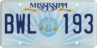 MS license plate BWL193